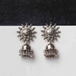 Oxidised jhumka earrings with complex floral detailing, featuring a finely detailed teardrop-shaped top, dangling circular beads, and ghungroos at the bottom, secured with a push-back closure