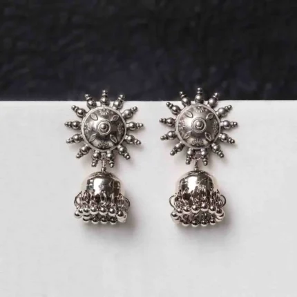 Oxidised jhumka earrings with complex floral detailing, featuring a finely detailed teardrop-shaped top, dangling circular beads, and ghungroos at the bottom, secured with a push-back closure