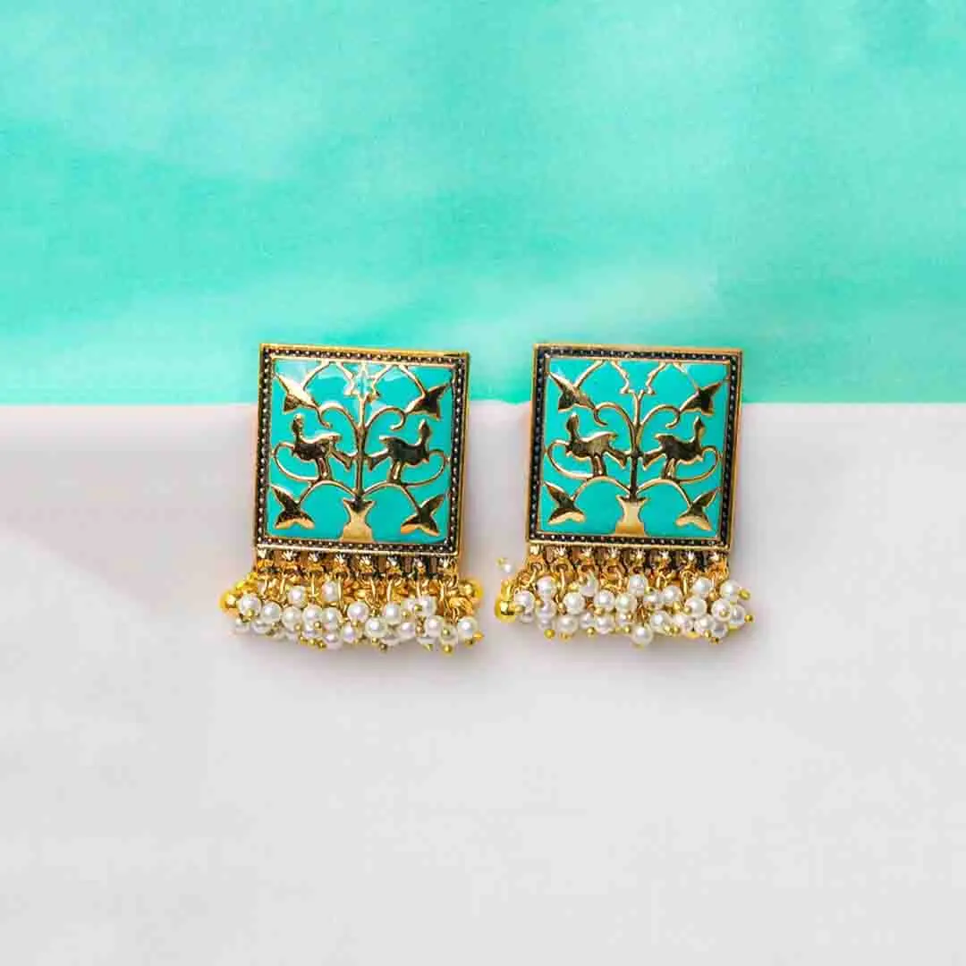 368-Th Classic square-shaped gold-tone earring with colorful meenakari work, a fine enamel finish, and a border of golden and pearl beads for a elegant touch