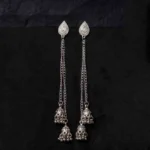 Vintage-inspired oxidized silver jhumka earring with an intricately detailed circular top, chain tassel layers, and small ghungroo embellishments and a push back closure