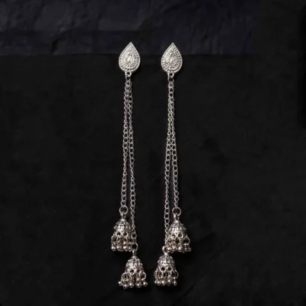 Vintage-inspired oxidized silver jhumka earring with an intricately detailed circular top, chain tassel layers, and small ghungroo embellishments and a push back closure