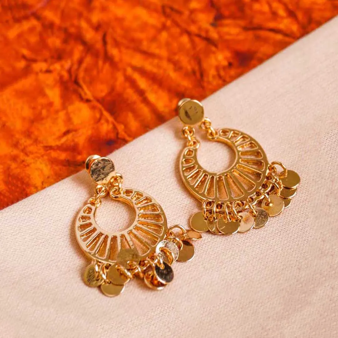 154-Th Chic metal drop earrings featuring an antique gold/silver finish, openwork circular centerpiece and small dangling discs, and a golden top with a secure push-back closure