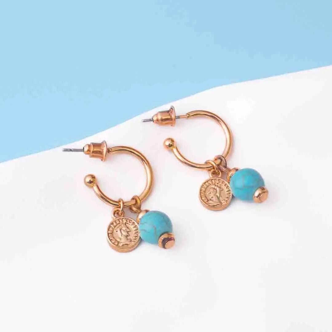175-Th Trendy mini C-hoop earring with a polished gold-tone/turquoise finish, adorned with a turquoise bead and a small vintage-inspired coin charm, push-back post