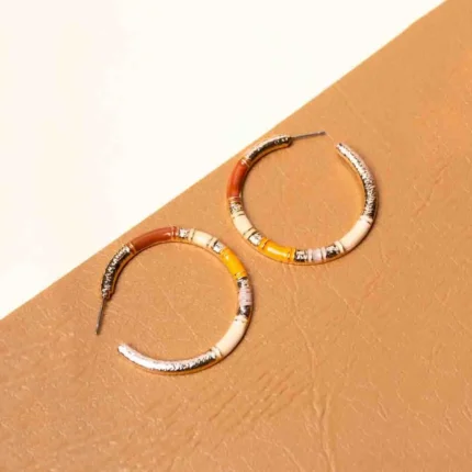 Trendy mini C-hoop earring with accents of brown,cream,orange shades and push-back post.