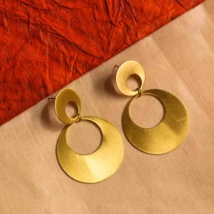 Modern brass earrings with a dual-round structure, stylish openwork details, and an easy push-back closure