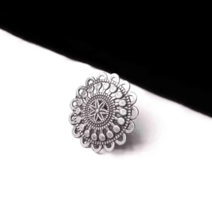 Handcrafted oxidized silver-tone statement ring with fine ornate patterns, ideal for adding a touch of vintage charm
