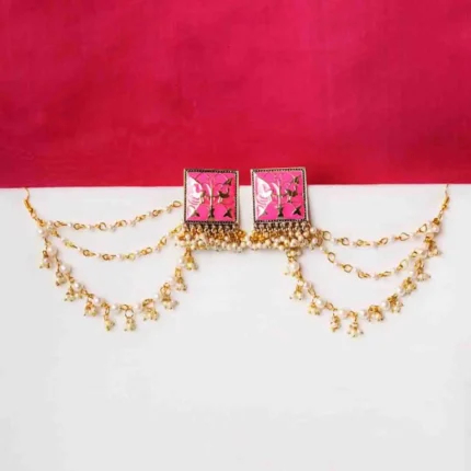 Handcrafted gold-tone ear hair chain earring featuring a floral square design, intricate enamel detailing, cascading pearl-embellished chain tassels, and dual closure for comfort.