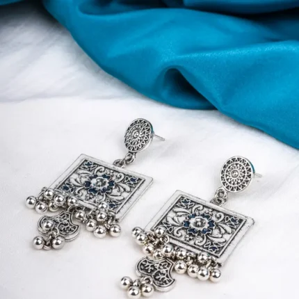 Intricate Floral Antique Silver Square Dangle Earrings