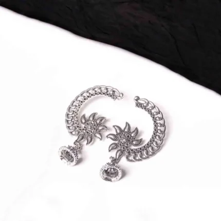 Silver Crescent Shaped Floral Jhumka Earrings