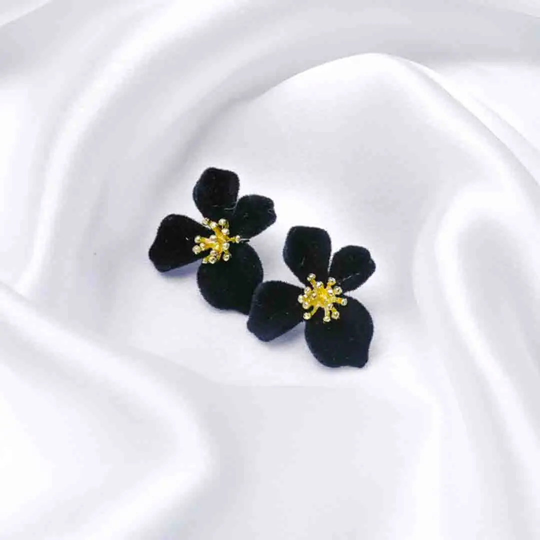 98-Th Delicate flower stud earring with a gold-tone finish, red roses and green leaves gemstone textured golden center, and a hinged back.