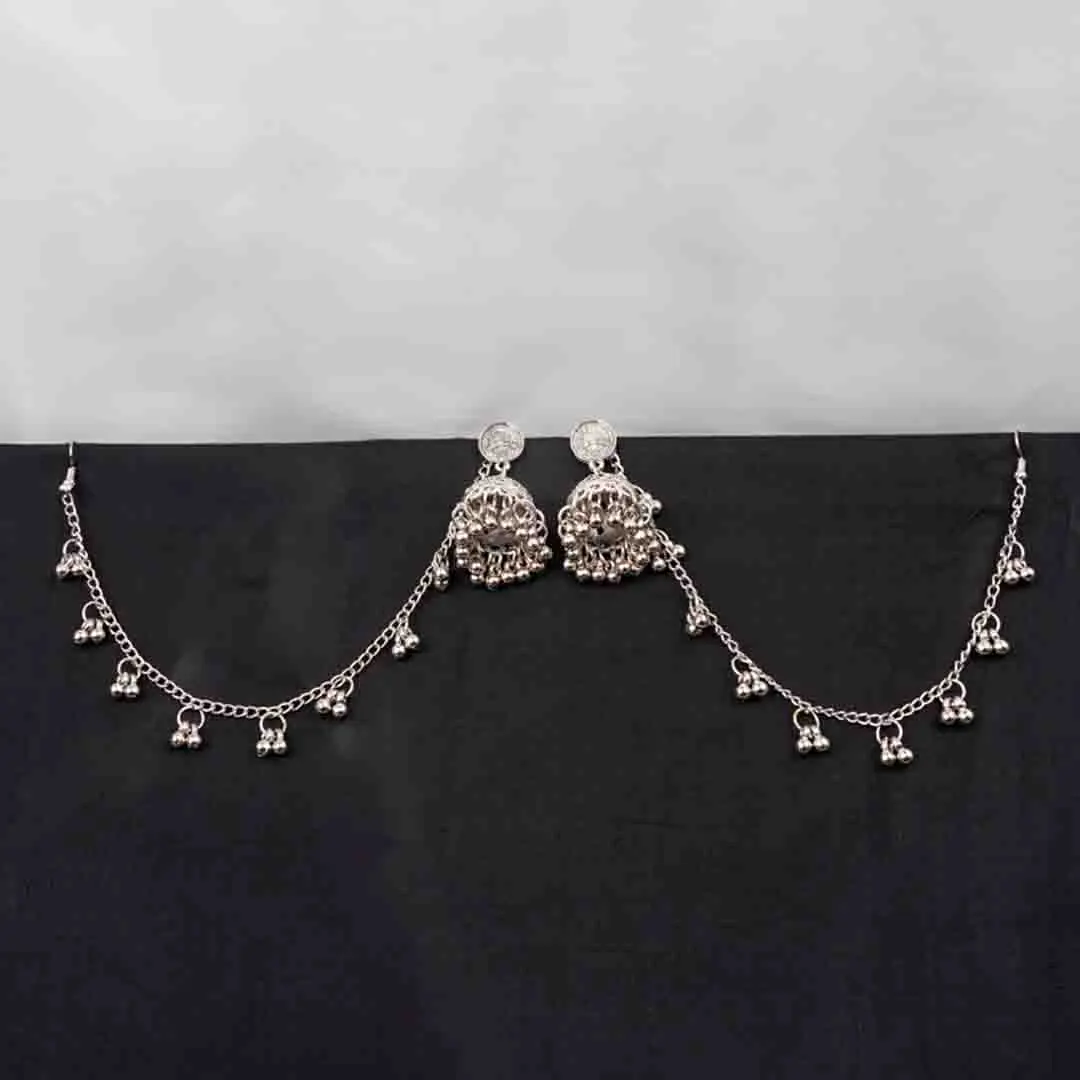 _DSC0141 (1) Antique-style silver-tone jhumka ear hair chain earring featuring circular top, a chain tassel detailed with pearl beads and a delicate chain with circular line charms, finished with a push-back closure, with ghungroos at the end with a curved hook closure