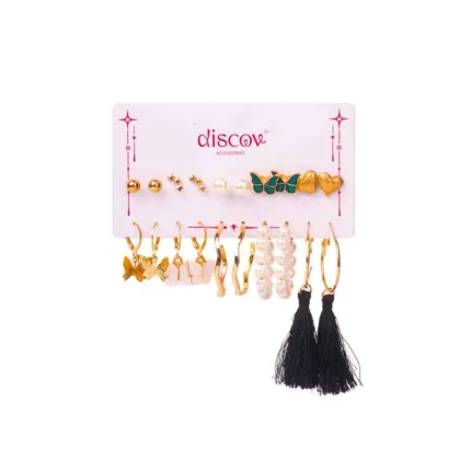 This collection features multiple pairs of small, gold-toned stud earrings with various feminine designs. The set includes ribbon bows, floral shapes (some with pearls/crystals), crystal clusters, and abstract geometric shapes.