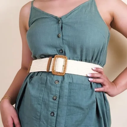 Woven Raffia Cream Rectangular Buckle Belt