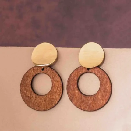 Golden Top Wooden Circular Drop Earrings