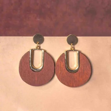 Elegant wooden dangle earring featuring a circular design framed with a gold-tone finish and a push-back closure.