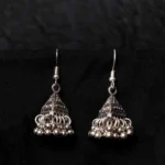 Antique-inspired oxidized silver-tone triangular jhumka earring, showcasing fine craftsmanship with ghungroos along the edge and a secure French hook closure.