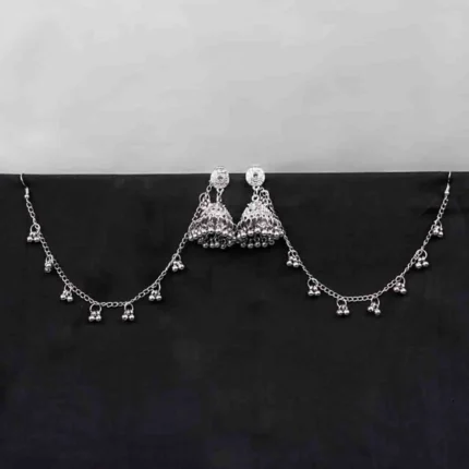 Antique-style silver-tone jhumka ear hair chain earring featuring teadrop top, a chain tassel detailed with pearl beads and a delicate chain with circular line charms, finished with a push-back closure, with ghungroos at the end with a curved hook closure.