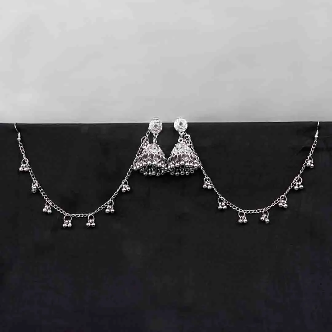 394-Th Antique-style silver-tone jhumka ear hair chain earring featuring teadrop top, a chain tassel detailed with pearl beads and a delicate chain with circular line charms, finished with a push-back closure, with ghungroos at the end with a curved hook closure.