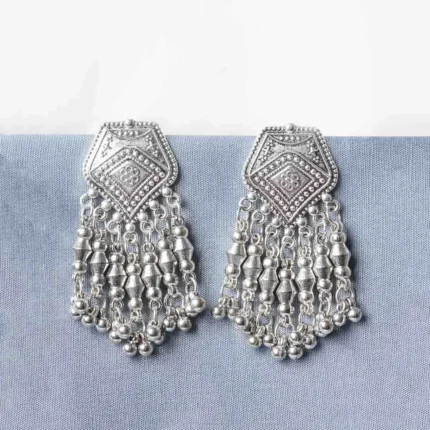 Stylish geometric metal dangle earrings with a silver finish along with fine detailing, delicate chain dangly geometric designs push-back closure.
