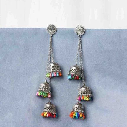 Silver Long Colourful Chain Tassel Jhumka Earrings