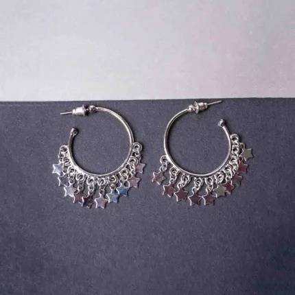Stylish C-hoop earring featuring a gold/silver-tone design, dangling star accents, and a comfortable push-back fastening.