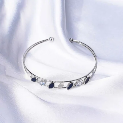 Silver Black n Crystal Open Cuff Bracelet