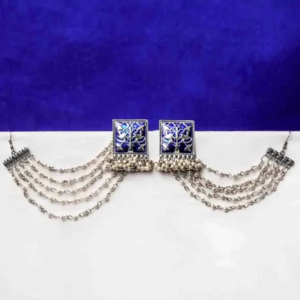 Ethnic-inspired silver-tone geometric ear hair chain earring with an intricately detailed square centerpiece, blue enamel inlay, pearl-studded chain tassels, and a series of delicate charms with ghungroos.