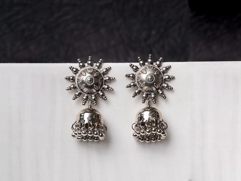 Elegant flatlay of oxidised jewelry including layered necklaces, jhumkas, bangles, and rings styled with ethnic and Western outfits – perfect for every occasion 7