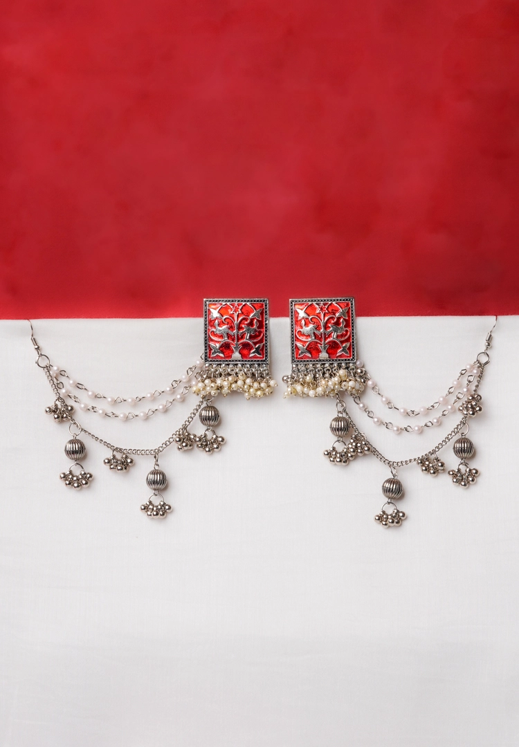 Oxidised Meenakari Ear Chain Earrings