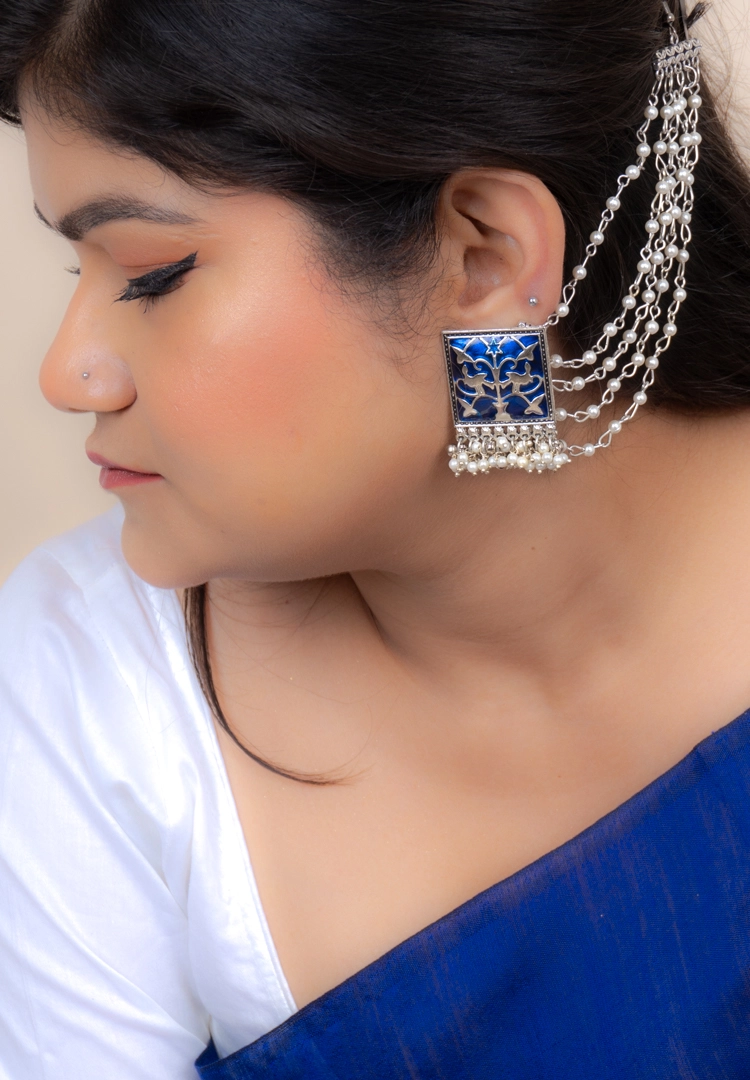 Oxidised Meenakari Ear Chain Earrings23