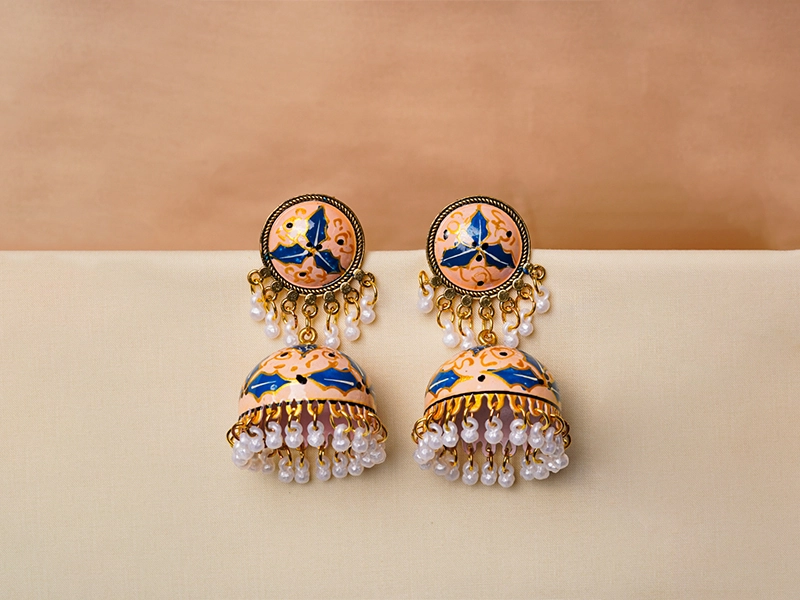 Meenakari Leaf Work Jhumka Blue