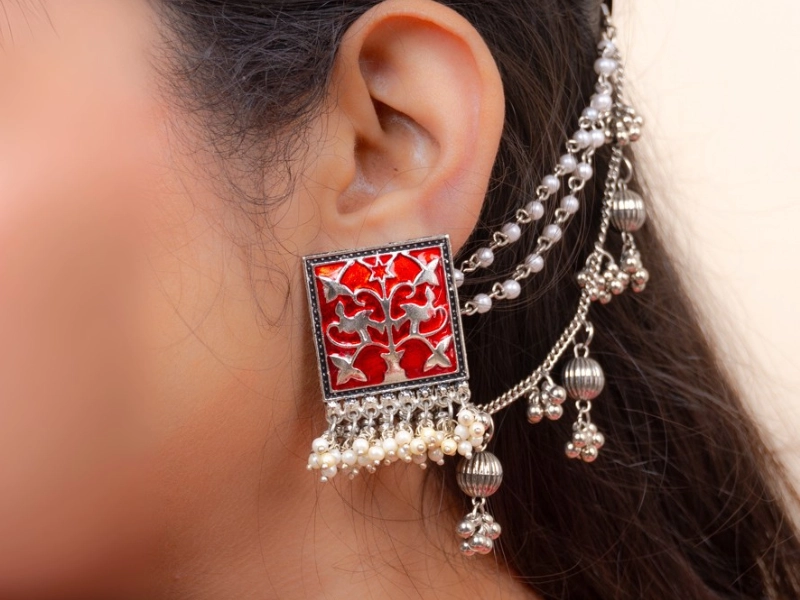 Oxidised Meenakari Ear Chain Earrings 2