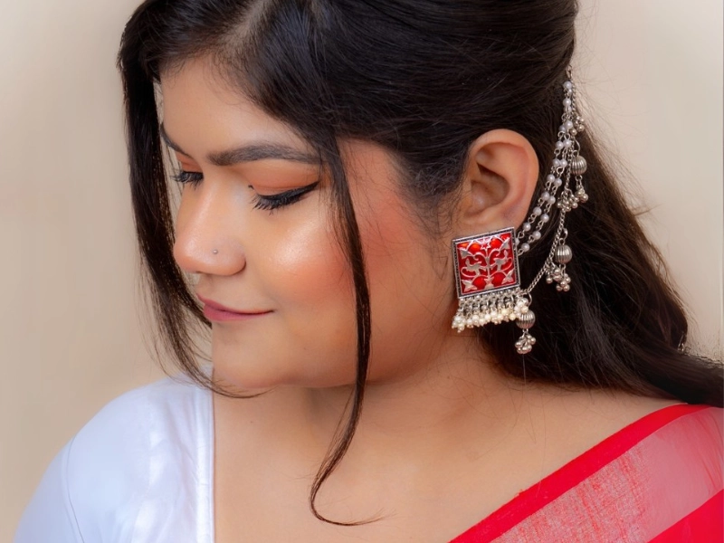 Oxidised Meenakari Ear Chain Earrings 1