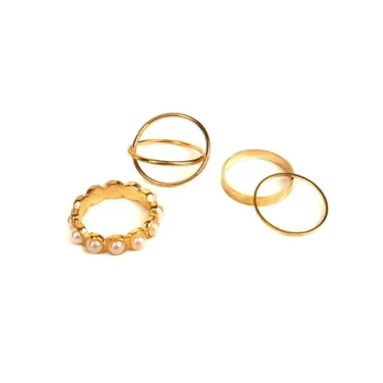 This four-piece polished gold-toned ring set includes a pearl-bordered statement ring, a crisscross band, a medium plain band, and a thin stacking ring.