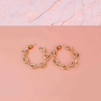 Chunky metal chain-link hoop earrings with polished finish and post closure on display card.