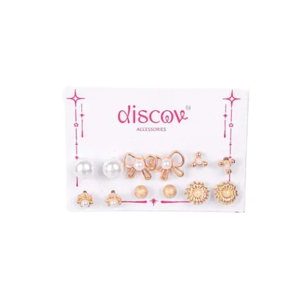 Collection of five pairs of gold-toned stud earrings, including bow shapes, textured flower studs, simple pearl domes, tiny gold balls, and clustered micro-bead designs.
