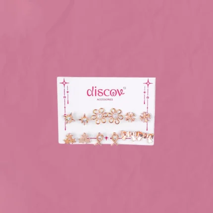 Starfall Mini Stud Pack featuring gold-toned studs in floral, leaf, and crystal designs.