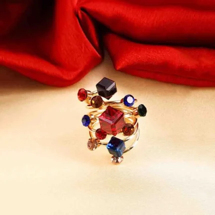 Set of open adjustable ring with colorful square and round gemstone accents.