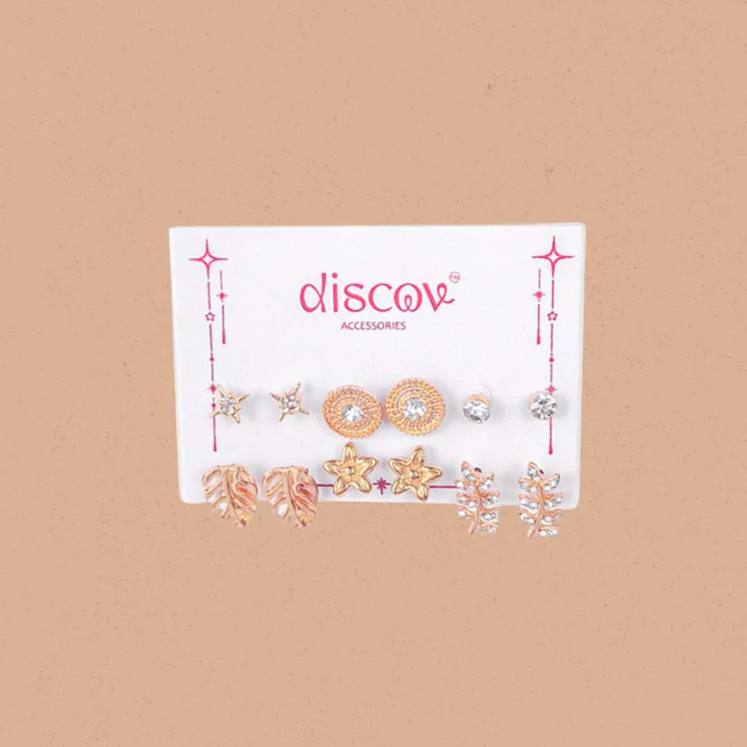 f (2) (1) Collection of five pairs of gold-toned stud earrings, including bow shapes, textured flower studs, simple pearl domes, tiny gold balls, and clustered micro-bead designs.
