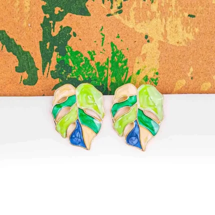 Jungle Muse Enamel Stud earring featuring a multi-colored tropical leaf with push-back closure.