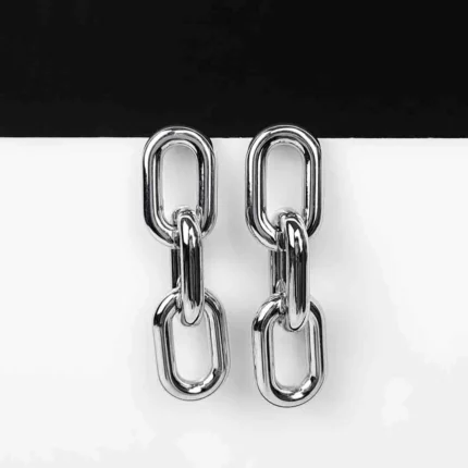 Chunky geometric chain link earrings in shiny silver, featuring bold links and secure post-back closure.
