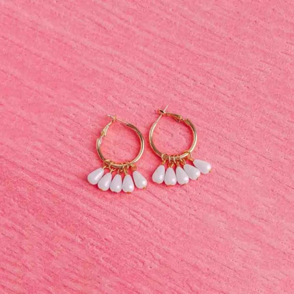 Golden White Beaded Hoops