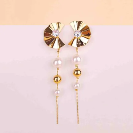 Art Deco fan earrings with central crystal, featuring a long drop of alternating pearls and polished gold beads.