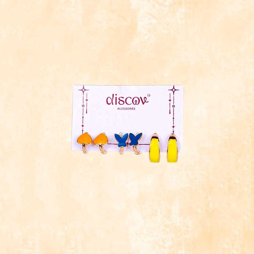 f (8) Set of three red hoop earrings with gold-tone finish, featuring a polished surface and push-back closures for a stylish look.