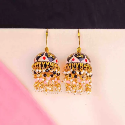 Gold-tone bell earring with black Meenakari and mixed bead drops.